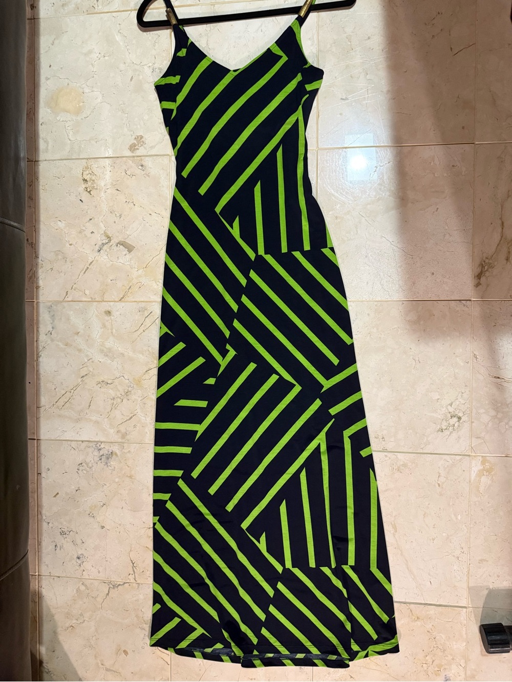 Y2K Gold cuff spaghetti strap Black and Lime Green Striped Maxi Dress